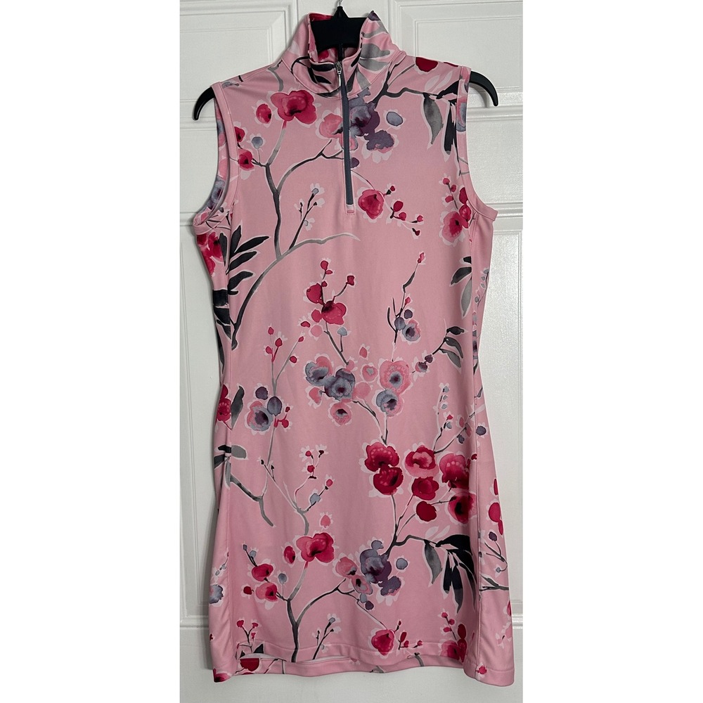 Bermuda Sands Pink Floral Golf Dress Womens Medium Sleeveless Mock Neck Zip